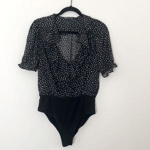 SHEIN Ruffle Trim Allover Print Sheer Bodysuit
